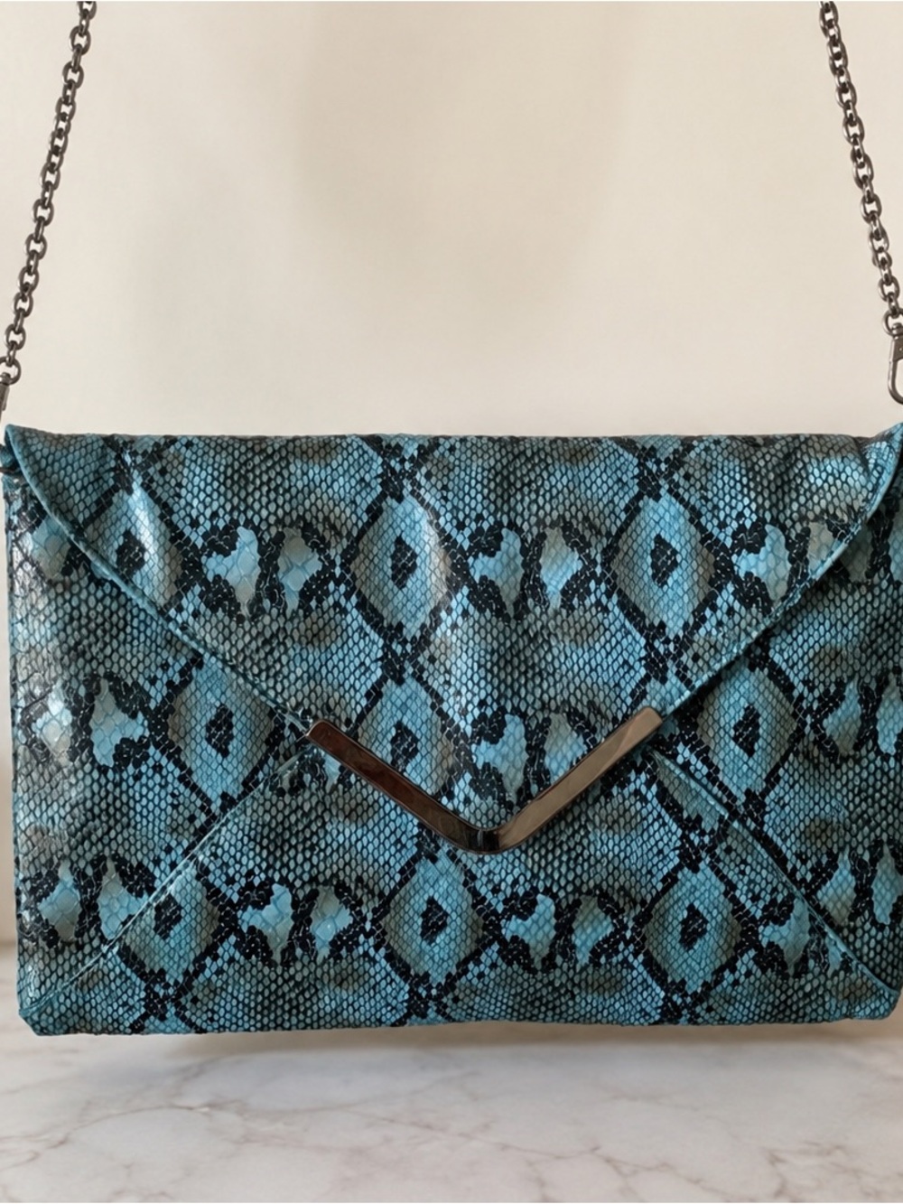 Simon Chang Teal Blue Snakeskin Envelope Crossbody